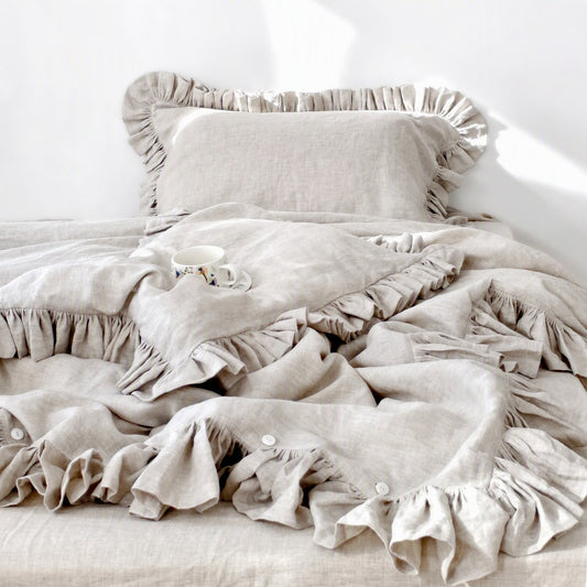 Linosogno | Ruffled Linen Soft Bedding Set - Dusty Lavender