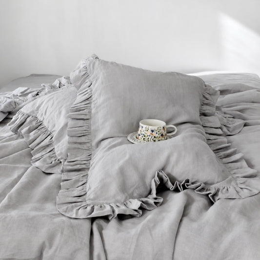 Linosogno | Ruffled Linen Soft Bedding Set - Oatmeal Cream