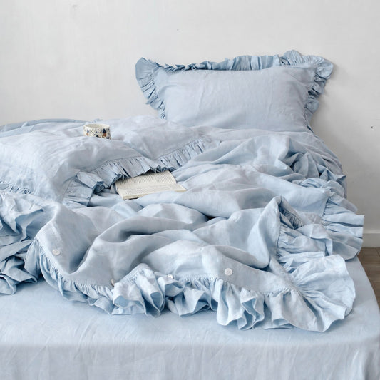Linosogno | Ruffled Linen Soft Bedding Set - Lake Blue
