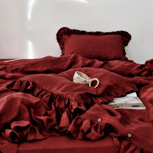 Linosogno | Ruffled Linen Soft Bedding Set - Turquoise
