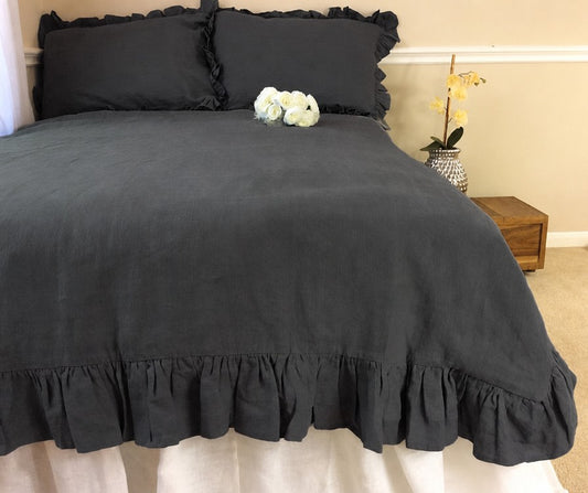 Linosogno | Ruffled Linen  Soft Bedding Set - Charcoal Gray