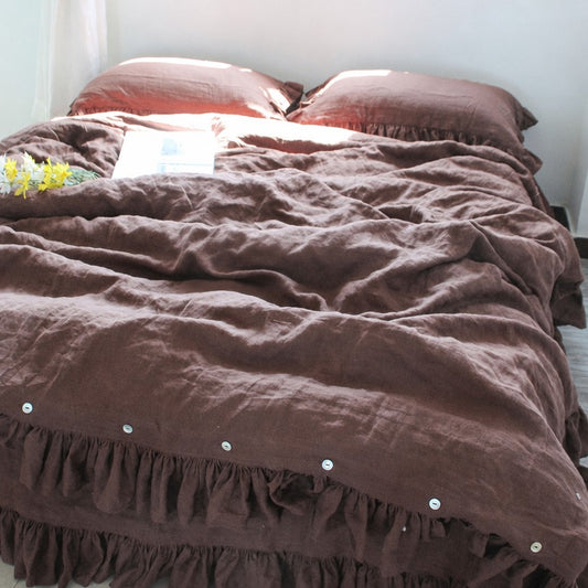 Linosogno | Ruffled Linen  Soft Bedding Set - Deep Coffee Brown