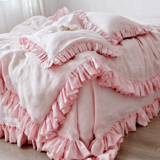 Linosogno | Ruffled Linen  Soft Bedding Set - Blush Pink