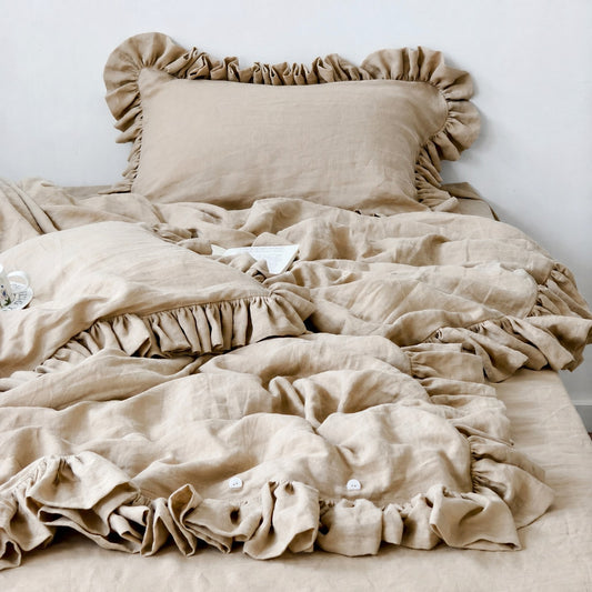Linosogno | Ruffled Linen  Soft Bedding Set - Light Caramel