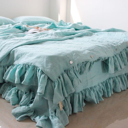 Linosogno | Ruffled Linen  Soft Bedding Set - Deep Navy