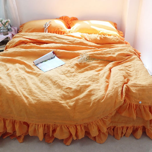 Linosogno  | Ruffled Linen  Soft Bedding Set - Bright Apricot