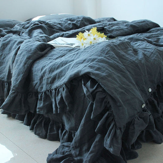 Linosogno | Ruffled Linen  Soft Bedding Set - Turquoise
