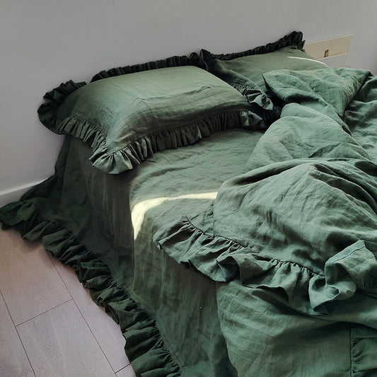 Linosogno| Ruffled Linen  Soft Bedding Set - Olive Green